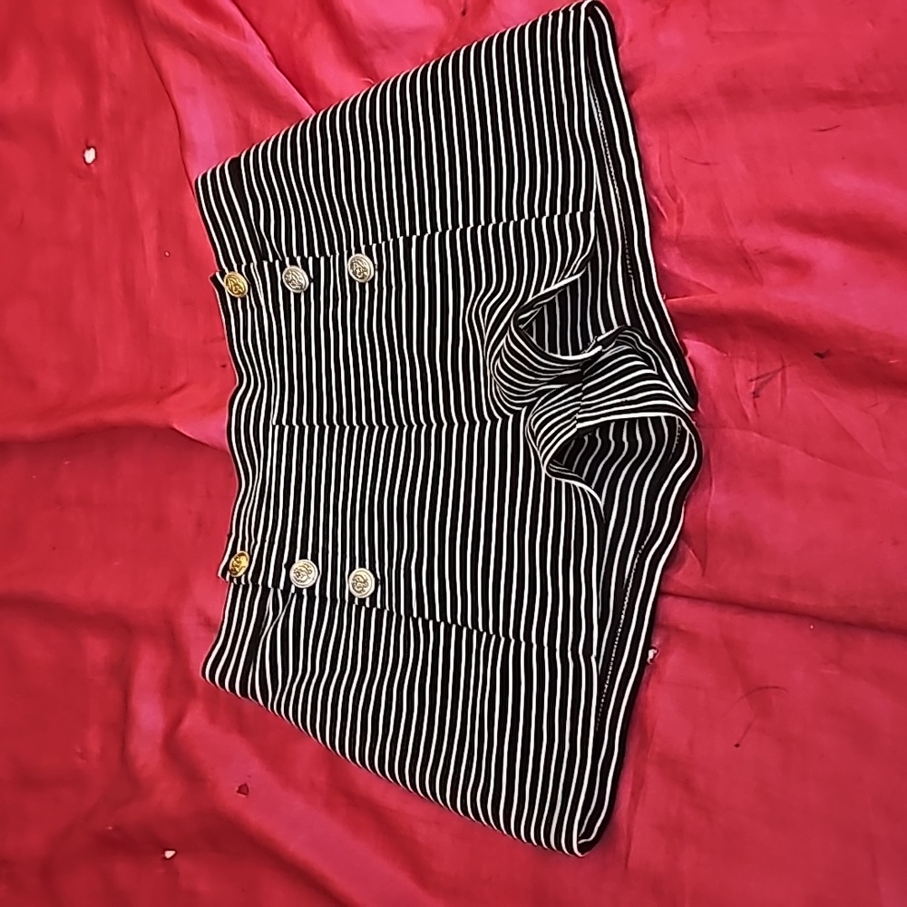 Stylish striped shorts that are quite short.